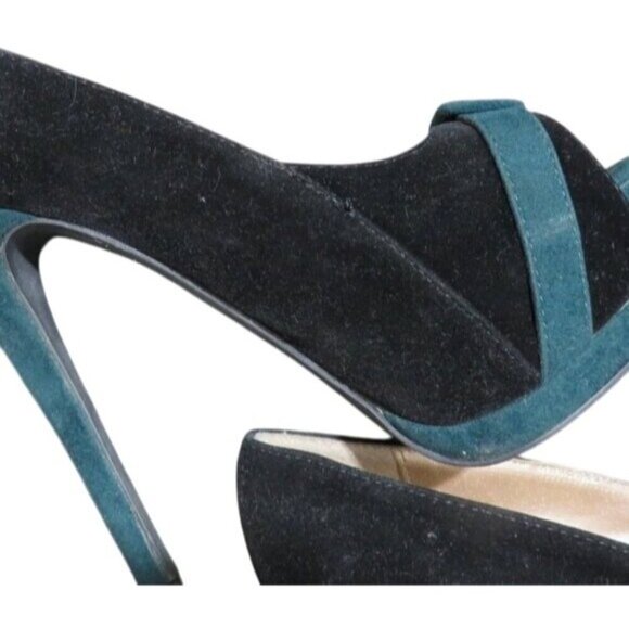 Qupid Retro Black & Green Suede Leather Peep Toe Platform Heels with buckles - Picture 8 of 15